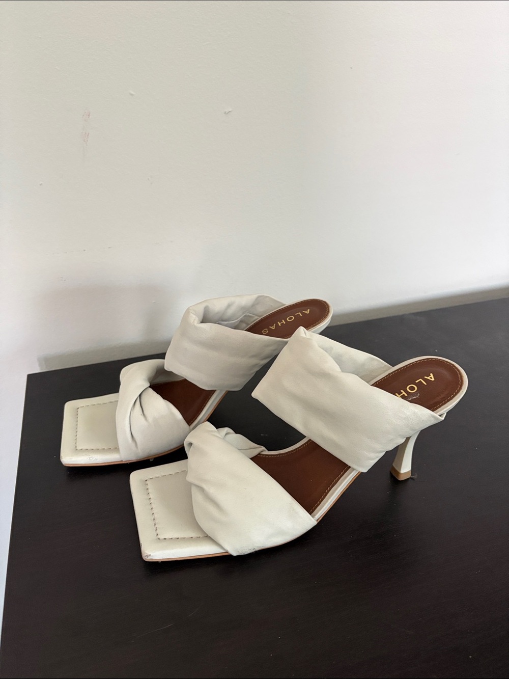 ALOHAS Cream Knotted Square-Toe Mule Heels
